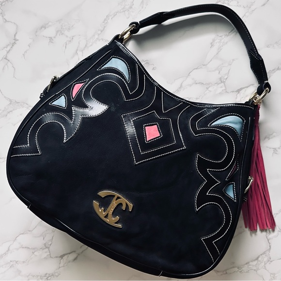 Just Cavalli Handbags - NWOT Just Cavalli - Made in Italy, Black Suede Purse w/ Pink Tassel